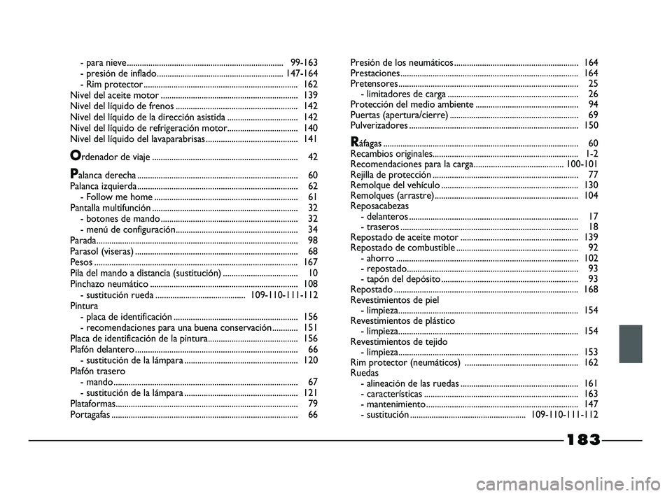 FIAT STRADA 2014 Manual de Empleo y Cuidado (in Spanish)
- para nieve........................................................................\
. 99-163
- presión de inflado ........................................................... 147-164
- Rim pr otec FIAT STRADA 2014 Manual de Empleo y Cuidado (in Spanish)
- para nieve........................................................................\
. 99-163
- presión de inflado ........................................................... 147-164
- Rim pr otec