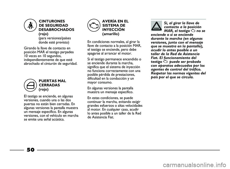 FIAT STRADA 2014 Manual de Empleo y Cuidado (in Spanish)
Si, al girar la llave de
contacto a la posición
MAR, el testigo
Uno se
enciende o si se enciende
durante la marcha (en algunas
versiones, junto con el mensaje
que se muestra en la pantalla),
acudir FIAT STRADA 2014 Manual de Empleo y Cuidado (in Spanish)
Si, al girar la llave de
contacto a la posición
MAR, el testigo
Uno se
enciende o si se enciende
durante la marcha (en algunas
versiones, junto con el mensaje
que se muestra en la pantalla),
acudir