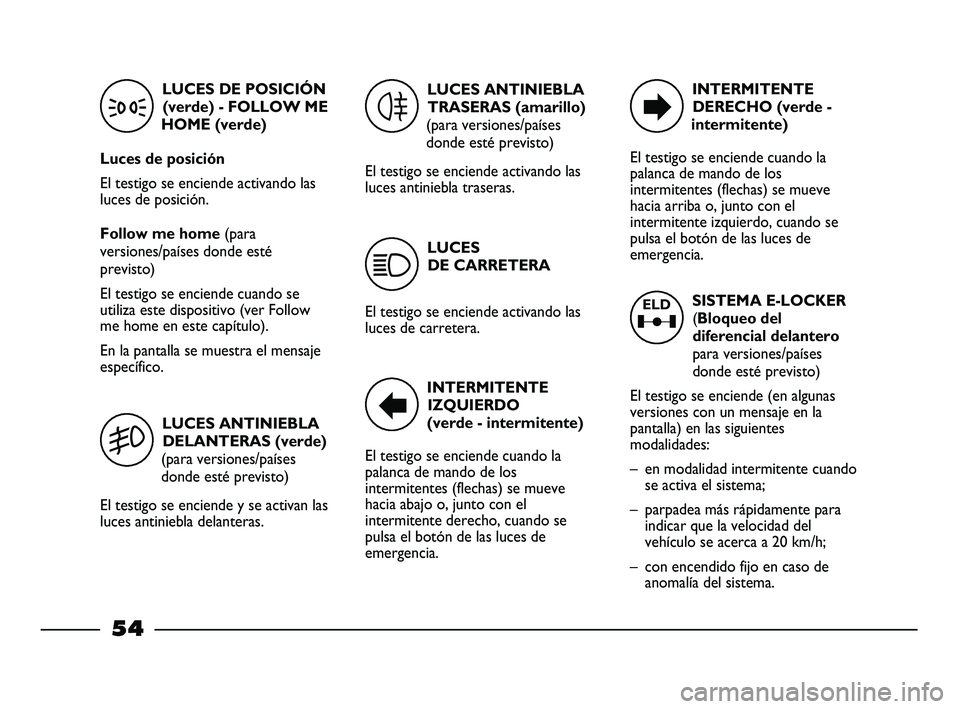 FIAT STRADA 2015  Manual de Empleo y Cuidado (in Spanish) SISTEMA E-LOCKER
(Bloqueo del
diferencial delantero
para versiones/países
donde esté previsto)
El testigo se enciende (en algunas
versiones con un mensaje en la
pantalla) en las siguientes
modalidad