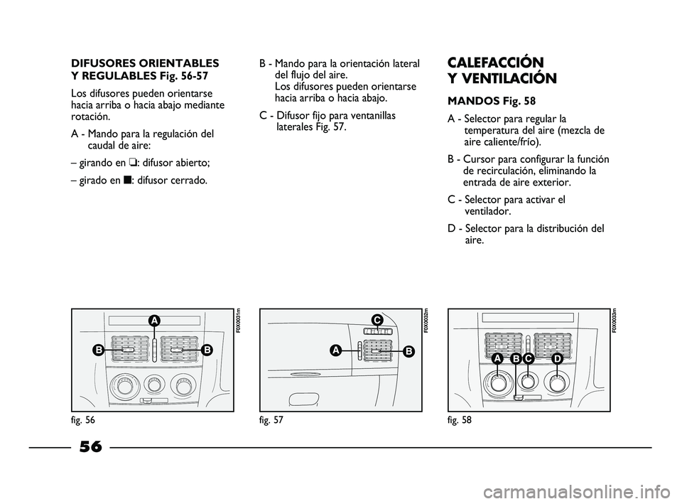 FIAT STRADA 2014 Manual de Empleo y Cuidado (in Spanish) DIFUSORES ORIENTABLES
Y REGULABLES Fig. 56-57
Los difusores pueden orientarse
hacia arriba o hacia abajo mediante
rotación.
A - Mando para la regulación del
caudal de aire:
– girando en ❏: difus FIAT STRADA 2014 Manual de Empleo y Cuidado (in Spanish) DIFUSORES ORIENTABLES
Y REGULABLES Fig. 56-57
Los difusores pueden orientarse
hacia arriba o hacia abajo mediante
rotación.
A - Mando para la regulación del
caudal de aire:
– girando en ❏: difus