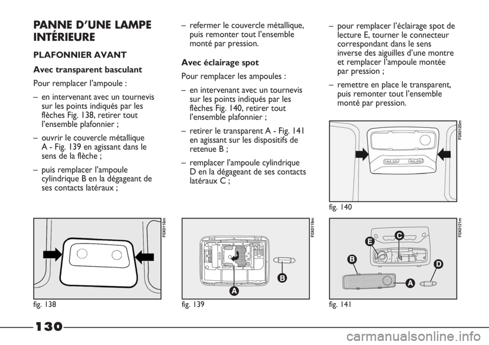 FIAT STRADA 2011  Notice dentretien (in French) 130
PANNE D’UNE LAMPE
INTÉRIEURE
PLAFONNIER AVANT 
Avec transparent basculant
Pour remplacer l’ampoule :
– en intervenant avec un tournevis
sur les points indiqués par les
flèches Fig. 138, r