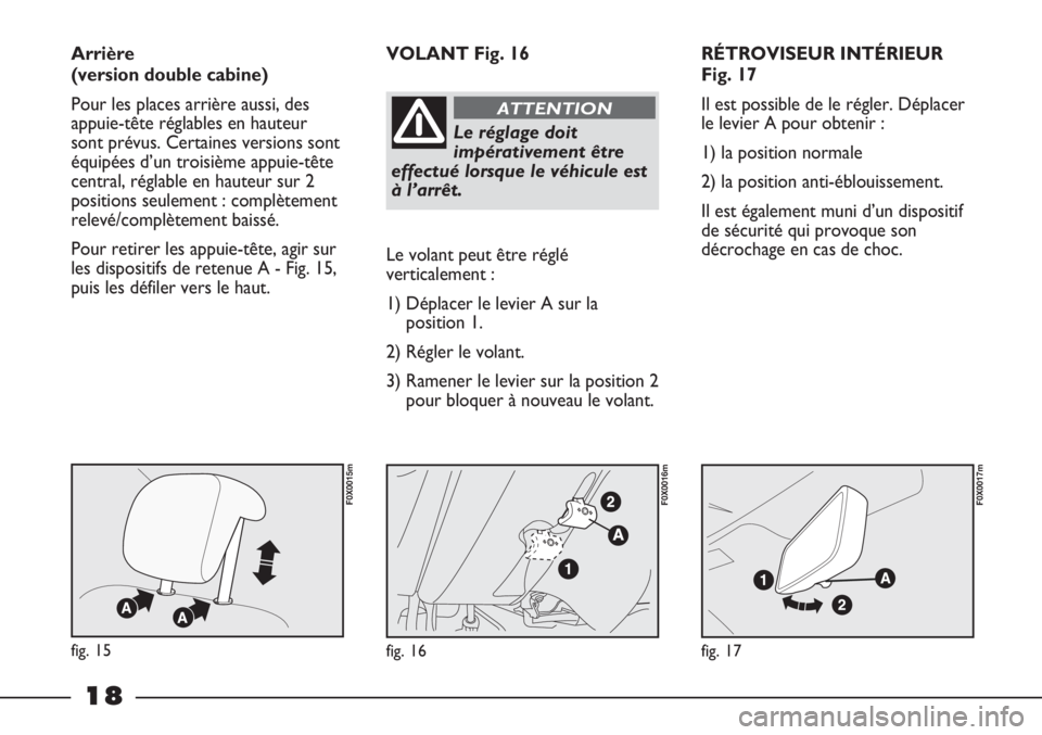 FIAT STRADA 2011  Notice dentretien (in French) 18
RÉTROVISEUR INTÉRIEUR
Fig. 17
Il est possible de le régler. Déplacer
le levier A pour obtenir :
1) la position normale
2) la position anti-éblouissement.
Il est également muni d’un disposit