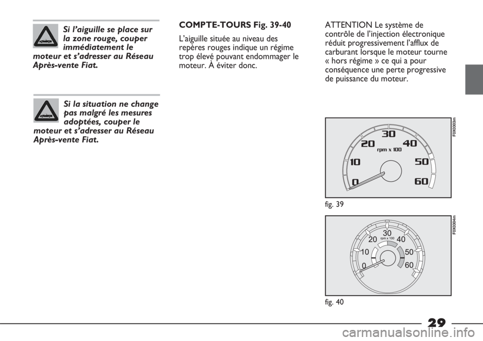 FIAT STRADA 2011  Notice dentretien (in French) 29
ATTENTION Le système de
contrôle de l’injection électronique
réduit progressivement l’afflux de
carburant lorsque le moteur tourne
« hors régime » ce qui a pour
conséquence une perte pr