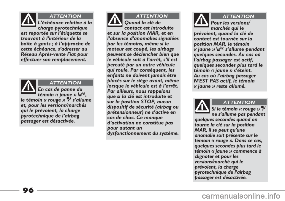 FIAT STRADA 2011  Notice dentretien (in French) 96
Quand la clé de
contact est introduite
et sur la position MAR, et en
l’absence d’anomalies signalées
par les témoins, même si le
moteur est coupé, les airbags
peuvent se déclencher bien q