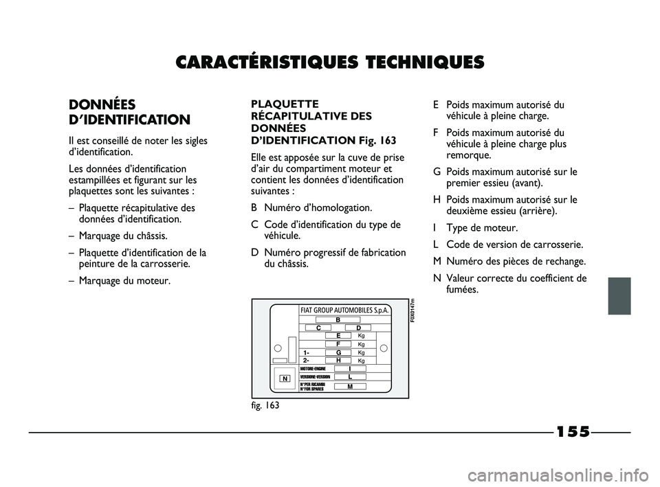 FIAT STRADA 2013  Notice dentretien (in French) CARACTÉRISTIQUES TECHNIQUES
  DONNÉES
D’IDENTIFICATION
Il est conseillé de noter les sigles
d’identification. 
Les données d’identification
estampillées et figurant sur les
plaquettes sont 