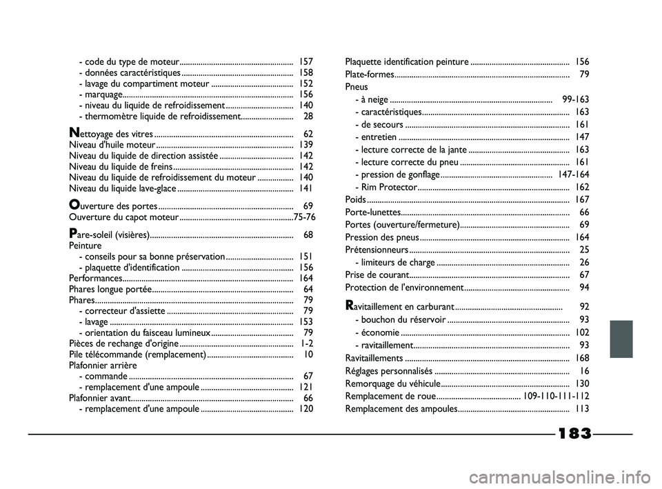 FIAT STRADA 2014  Notice dentretien (in French) 
- code du type de moteur...................................................... 157
- données carac téristiques ..................................................... 158
- lavage du compart iment mo