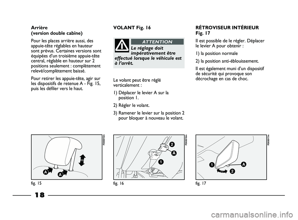 FIAT STRADA 2014  Notice dentretien (in French) 18
RÉTROVISEUR INTÉRIEUR
Fig. 17
Il est possible de le régler. Déplacer
le levier A pour obtenir :
1) la position normale
2) la position anti-éblouissement.
Il est également muni d’un disposit