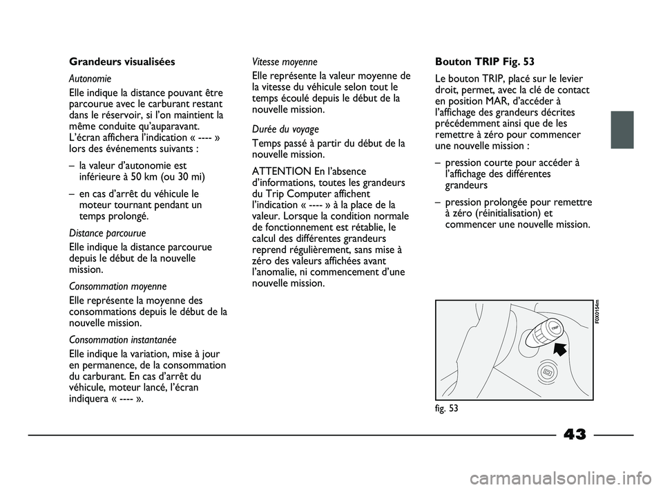 FIAT STRADA 2014 Notice dentretien (in French) 43
Grandeurs visualisées
Autonomie
Elle indique la distance pouvant être
parcourue avec le carburant restant
dans le réservoir, si l’on maintient la
même conduite qu’auparavant.
L’écran aff FIAT STRADA 2014 Notice dentretien (in French) 43
Grandeurs visualisées
Autonomie
Elle indique la distance pouvant être
parcourue avec le carburant restant
dans le réservoir, si l’on maintient la
même conduite qu’auparavant.
L’écran aff