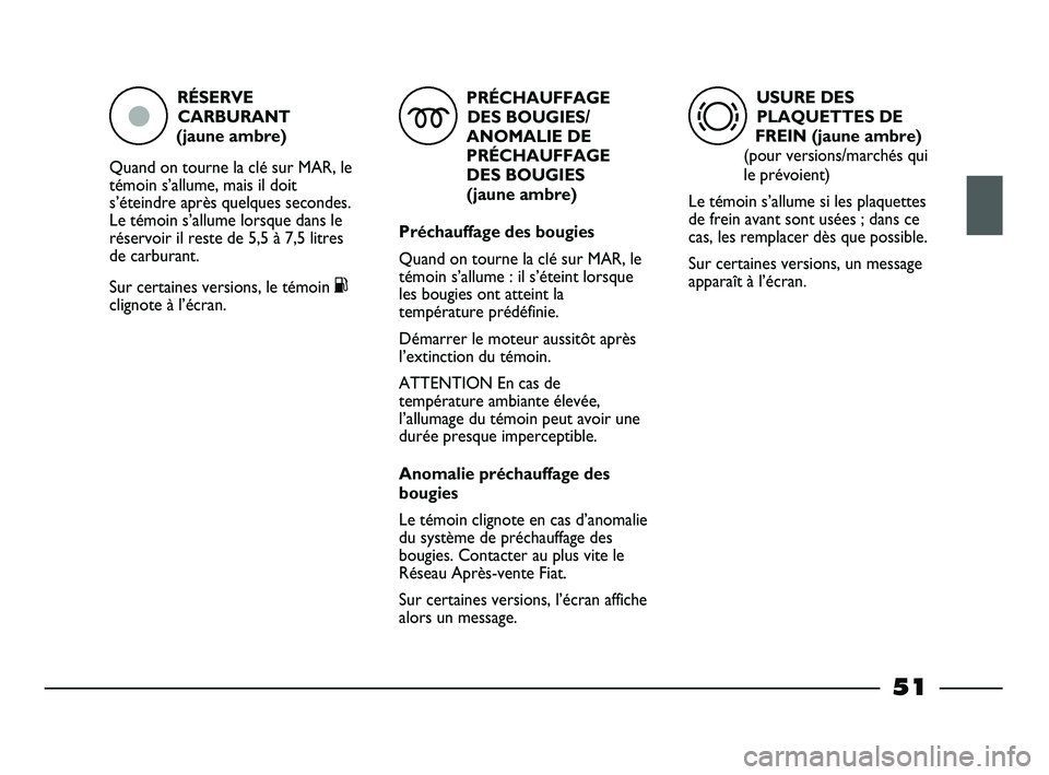 FIAT STRADA 2013 Notice dentretien (in French) RÉSERVE
CARBURANT
(jaune ambre)
Quand on tourne la clé sur MAR, le
témoin s’allume, mais il doit
s’éteindre après quelques secondes.
Le témoin s’allume lorsque dans le
réservoir il rest FIAT STRADA 2013 Notice dentretien (in French) RÉSERVE
CARBURANT
(jaune ambre)
Quand on tourne la clé sur MAR, le
témoin s’allume, mais il doit
s’éteindre après quelques secondes.
Le témoin s’allume lorsque dans le
réservoir il rest