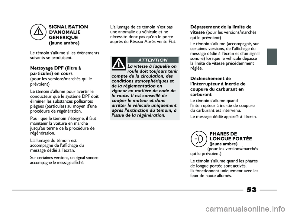 FIAT STRADA 2013 Notice dentretien (in French) SIGNALISATION
D’ANOMALIE
GÉNÉRIQUE
(jaune ambre)
Le témoin s’allume si les évènements
suivants se produisent.
Nettoyage DPF (filtre à
particules) en cours
(pour les versions/marchés qui le FIAT STRADA 2013 Notice dentretien (in French) SIGNALISATION
D’ANOMALIE
GÉNÉRIQUE
(jaune ambre)
Le témoin s’allume si les évènements
suivants se produisent.
Nettoyage DPF (filtre à
particules) en cours
(pour les versions/marchés qui le
