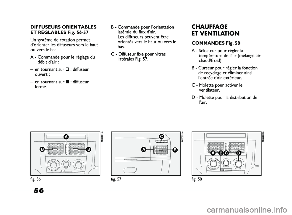 FIAT STRADA 2014  Notice dentretien (in French) DIFFUSEURS ORIENTABLES
ET RÉGLABLES Fig. 56-57
Un système de rotation permet
d’orienter les diffuseurs vers le haut
ou vers le bas.
A - Commande pour le réglage du
débit d’air :
– en tournan