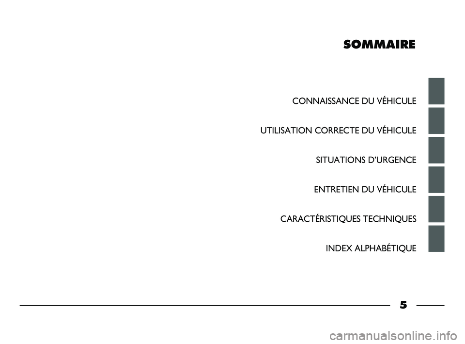 FIAT STRADA 2014 Notice dentretien (in French) SOMMAIRE
CONNAISSANCE DU VÉHICULE
UTILISATION CORRECTE DU VÉHICULE
SITUATIONS D’URGENCE
ENTRETIEN DU VÉHICULE
CARACTÉRISTIQUES TECHNIQUES
INDEX ALPHABÉTIQUE
5
001-006 STRADA LUM FR 1ed 9-01-20 FIAT STRADA 2014 Notice dentretien (in French) SOMMAIRE
CONNAISSANCE DU VÉHICULE
UTILISATION CORRECTE DU VÉHICULE
SITUATIONS D’URGENCE
ENTRETIEN DU VÉHICULE
CARACTÉRISTIQUES TECHNIQUES
INDEX ALPHABÉTIQUE
5
001-006 STRADA LUM FR 1ed 9-01-20