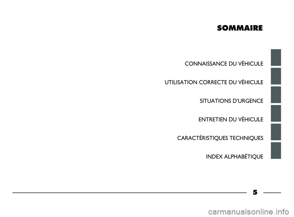 FIAT STRADA 2012  Notice dentretien (in French) SOMMAIRE
CONNAISSANCE DU VÉHICULE
UTILISATION CORRECTE DU VÉHICULE
SITUATIONS D’URGENCE
ENTRETIEN DU VÉHICULE
CARACTÉRISTIQUES TECHNIQUES
INDEX ALPHABÉTIQUE
5
001-006 STRADA LUM FR 1ed  9-01-20