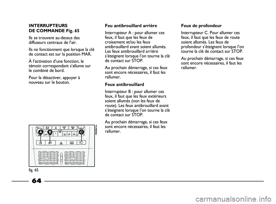 FIAT STRADA 2013 Notice dentretien (in French) INTERRUPTEURS
DE COMMANDE Fig. 65
Ils se trouvent au-dessus des
diffuseurs centraux de l’air.
Ils ne fonctionnent que lorsque la clé
de contact est sur la position MAR.
À l’activation d’une fo FIAT STRADA 2013 Notice dentretien (in French) INTERRUPTEURS
DE COMMANDE Fig. 65
Ils se trouvent au-dessus des
diffuseurs centraux de l’air.
Ils ne fonctionnent que lorsque la clé
de contact est sur la position MAR.
À l’activation d’une fo