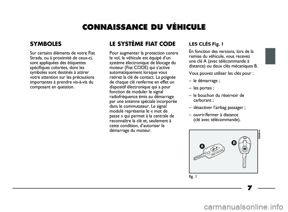 FIAT STRADA 2014  Notice dentretien (in French) 7
CONNAISSANCE DU VÉHICULE
SYMBOLES
Sur certains éléments de votre Fiat
Strada, ou à proximité de ceux-ci,
sont appliquées des étiquettes
spécifiques colorées, dont les
symboles sont destiné