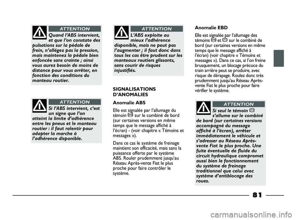 FIAT STRADA 2013 Notice dentretien (in French) Quand l’ABS intervient,
et que l’on constate des
pulsations sur la pédale de
frein, n’allégez pas la pression,
mais maintenez la pédale bien
enfoncée sans crainte ; ainsi
vous aurez besoin d FIAT STRADA 2013 Notice dentretien (in French) Quand l’ABS intervient,
et que l’on constate des
pulsations sur la pédale de
frein, n’allégez pas la pression,
mais maintenez la pédale bien
enfoncée sans crainte ; ainsi
vous aurez besoin d