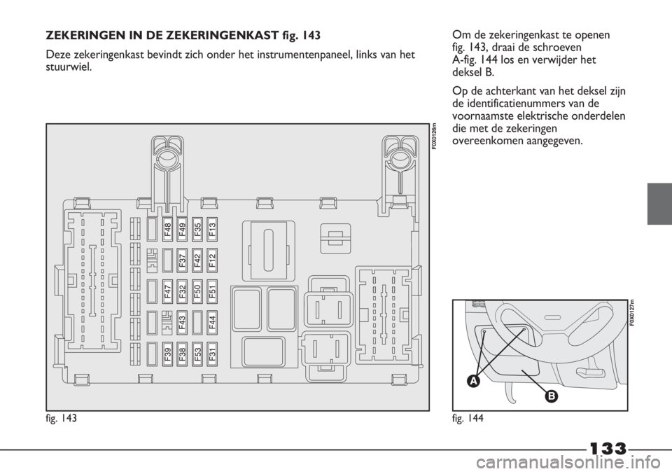 FIAT STRADA 2012 Instructieboek (in Dutch) 133
Om de zekeringenkast te openen
fig. 143, draai de schroeven
A-fig. 144 los en verwijder het
deksel B.
Op de achterkant van het deksel zijn
de identificatienummers van de
voornaamste elektrische FIAT STRADA 2012 Instructieboek (in Dutch) 133
Om de zekeringenkast te openen
fig. 143, draai de schroeven
A-fig. 144 los en verwijder het
deksel B.
Op de achterkant van het deksel zijn
de identificatienummers van de
voornaamste elektrische