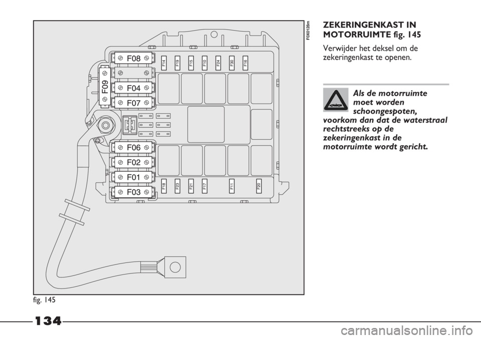 FIAT STRADA 2012 Instructieboek (in Dutch) 134
ZEKERINGENKAST IN
MOTORRUIMTE fig. 145
Verwijder het deksel om de
zekeringenkast te openen.
fig. 145
F0X0128m
Als de motorruimte
moet worden
schoongespoten,
voorkom dan dat de waterstraal
rechtstr FIAT STRADA 2012 Instructieboek (in Dutch) 134
ZEKERINGENKAST IN
MOTORRUIMTE fig. 145
Verwijder het deksel om de
zekeringenkast te openen.
fig. 145
F0X0128m
Als de motorruimte
moet worden
schoongespoten,
voorkom dan dat de waterstraal
rechtstr