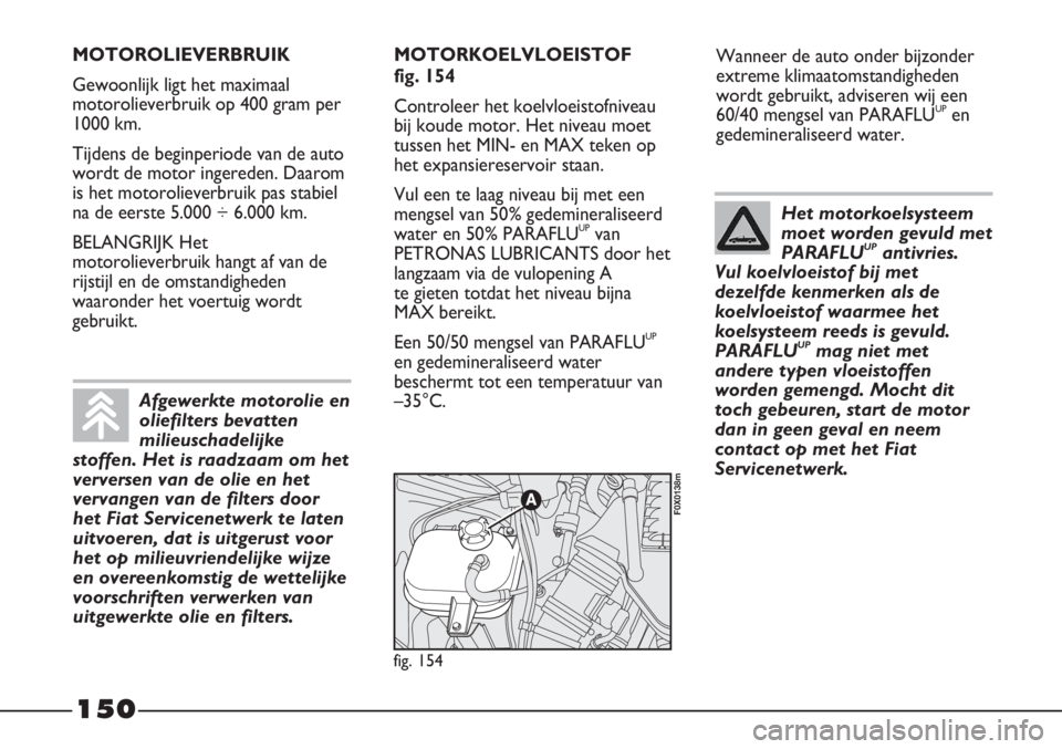 FIAT STRADA 2012 Instructieboek (in Dutch) 150
Wanneer de auto onder bijzonder
extreme klimaatomstandigheden
wordt gebruikt, adviseren wij een
60/40 mengsel van PARAFLU
UPen
gedemineraliseerd water.
fig. 154
F0X0138m
MOTOROLIEVERBRUIK
Gewoonli FIAT STRADA 2012 Instructieboek (in Dutch) 150
Wanneer de auto onder bijzonder
extreme klimaatomstandigheden
wordt gebruikt, adviseren wij een
60/40 mengsel van PARAFLU
UPen
gedemineraliseerd water.
fig. 154
F0X0138m
MOTOROLIEVERBRUIK
Gewoonli