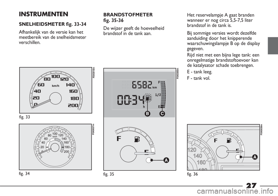 FIAT STRADA 2012 Instructieboek (in Dutch) 27
INSTRUMENTEN
SNELHEIDSMETER fig. 33-34
Afhankelijk van de versie kan het
meetbereik van de snelheidsmeter
verschillen.
fig. 34
F0X0037m
fig. 33
F0X0018m
BRANDSTOFMETER
fig. 35-36
De wijzer geeft d FIAT STRADA 2012 Instructieboek (in Dutch) 27
INSTRUMENTEN
SNELHEIDSMETER fig. 33-34
Afhankelijk van de versie kan het
meetbereik van de snelheidsmeter
verschillen.
fig. 34
F0X0037m
fig. 33
F0X0018m
BRANDSTOFMETER
fig. 35-36
De wijzer geeft d