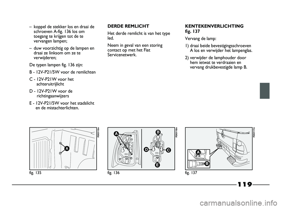 FIAT STRADA 2015 Instructieboek (in Dutch) 119
fig. 135
F0X0115m
fig. 136
F0X0116m
fig. 137
F0X0117m
– koppel de stekker los en draai de
schroeven A-fig. 136 los om
toegang te krijgen tot de te
vervangen lampen;
– duw voorzichtig op de lam FIAT STRADA 2015 Instructieboek (in Dutch) 119
fig. 135
F0X0115m
fig. 136
F0X0116m
fig. 137
F0X0117m
– koppel de stekker los en draai de
schroeven A-fig. 136 los om
toegang te krijgen tot de te
vervangen lampen;
– duw voorzichtig op de lam