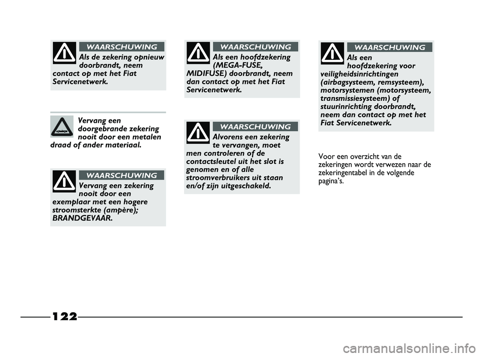 FIAT STRADA 2015 Instructieboek (in Dutch) 122
Als een hoofdzekering
(MEGA-FUSE,
MIDIFUSE) doorbrandt, neem
dan contact op met het Fiat
Servicenetwerk.
WAARSCHUWING
Alvorens een zekering
te vervangen, moet
men controleren of de
contactsleutel FIAT STRADA 2015 Instructieboek (in Dutch) 122
Als een hoofdzekering
(MEGA-FUSE,
MIDIFUSE) doorbrandt, neem
dan contact op met het Fiat
Servicenetwerk.
WAARSCHUWING
Alvorens een zekering
te vervangen, moet
men controleren of de
contactsleutel