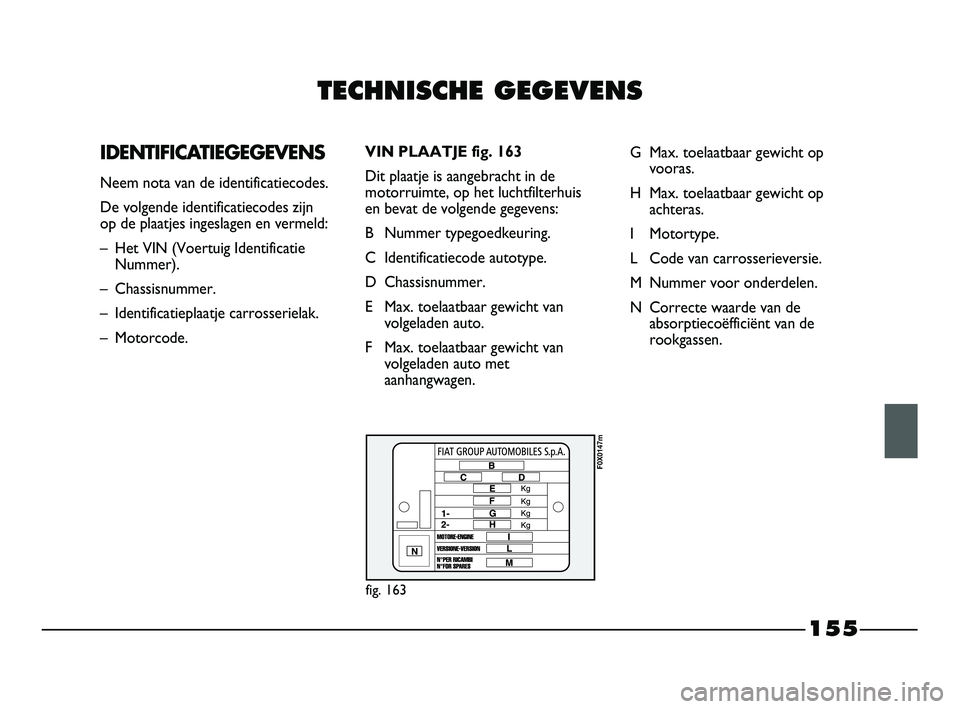 FIAT STRADA 2014 Instructieboek (in Dutch) 155
TECHNISCHE GEGEVENS
IDENTIFICATIEGEGEVENS
Neem nota van de identificatiecodes.
De volgende identificatiecodes zijn
op de plaatjes ingeslagen en vermeld:
– Het VIN (Voertuig Identificatie
Nu FIAT STRADA 2014 Instructieboek (in Dutch) 155
TECHNISCHE GEGEVENS
IDENTIFICATIEGEGEVENS
Neem nota van de identificatiecodes.
De volgende identificatiecodes zijn
op de plaatjes ingeslagen en vermeld:
– Het VIN (Voertuig Identificatie
Nu