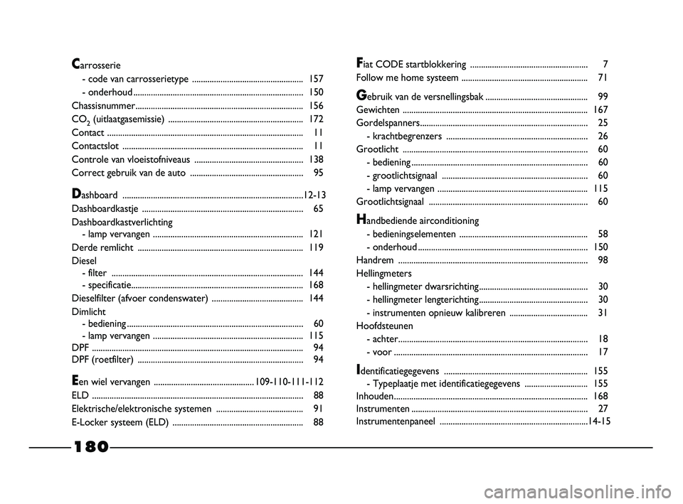 FIAT STRADA 2013  Instructieboek (in Dutch) 180
Carrosserie
- code van carrosserietype ................................................... 157
- onderhoud ..............................................................................150
Chassis