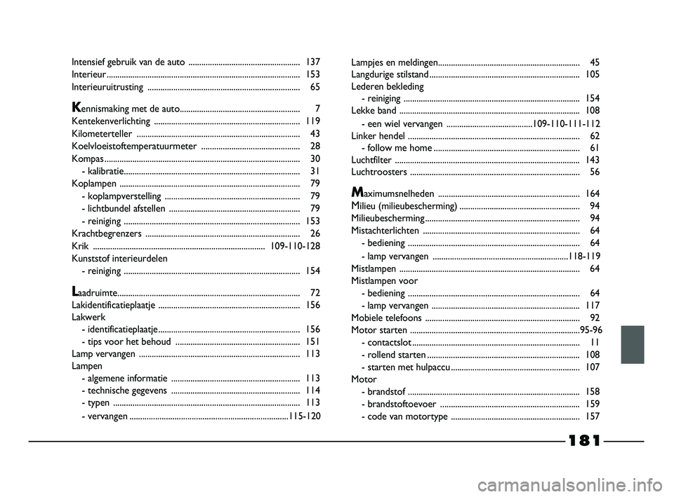 FIAT STRADA 2013  Instructieboek (in Dutch) 181
Intensief gebruik van de auto ....................................................137
Interieur ..........................................................................................153
Interi