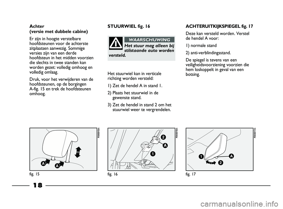 FIAT STRADA 2013  Instructieboek (in Dutch) 18
ACHTERUITKIJKSPIEGEL fig. 17
Deze kan versteld worden. Verstel
de hendel A voor:
1) normale stand
2) anti-verblindingsstand.
De spiegel is tevens van een
veiligheidsvoorziening voorzien die
hem los