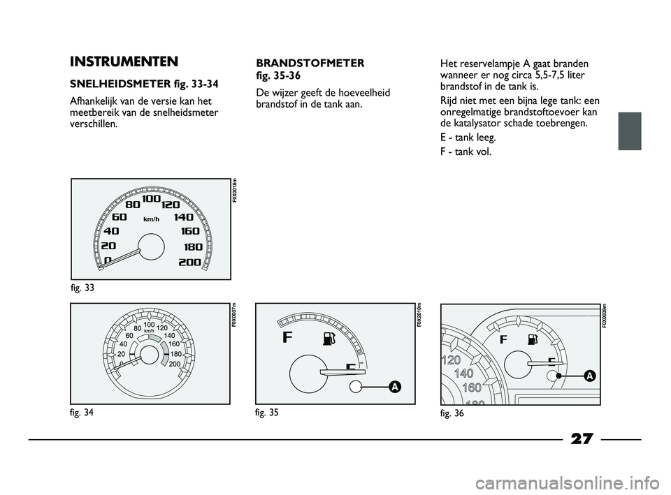 FIAT STRADA 2014  Instructieboek (in Dutch) 27
INSTRUMENTEN 
SNELHEIDSMETER fig. 33-34
Afhankelijk van de versie kan het
meetbereik van de snelheidsmeter
verschillen.
fig. 34
F0X0037m
fig. 33
F0X0018m
BRANDSTOFMETER 
fig. 35-36
De wijzer geeft 