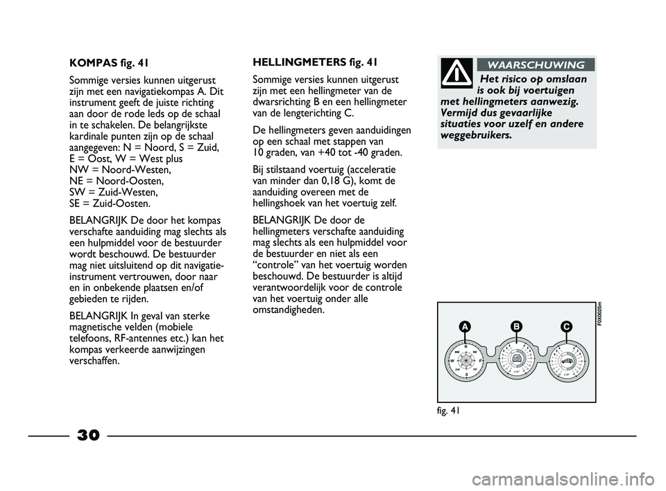 FIAT STRADA 2014  Instructieboek (in Dutch) 30
KOMPAS fig. 41
Sommige versies kunnen uitgerust
zijn met een navigatiekompas A. Dit
instrument geeft de juiste richting
aan door de rode leds op de schaal
in te schakelen. De belangrijkste
kardinal