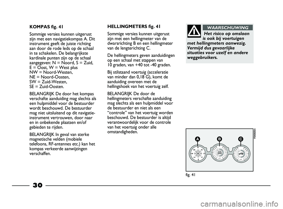 FIAT STRADA 2015 Instructieboek (in Dutch) 30
KOMPAS fig. 41
Sommige versies kunnen uitgerust
zijn met een navigatiekompas A. Dit
instrument geeft de juiste richting
aan door de rode leds op de schaal
in te schakelen. De belangrijkste
kardinal FIAT STRADA 2015 Instructieboek (in Dutch) 30
KOMPAS fig. 41
Sommige versies kunnen uitgerust
zijn met een navigatiekompas A. Dit
instrument geeft de juiste richting
aan door de rode leds op de schaal
in te schakelen. De belangrijkste
kardinal