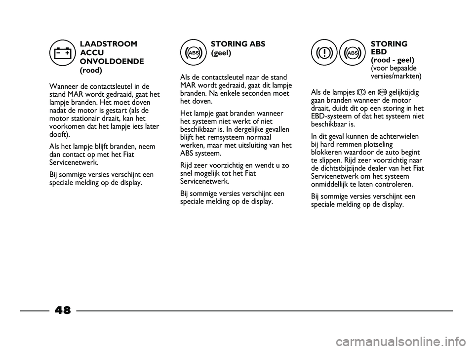 FIAT STRADA 2013  Instructieboek (in Dutch) STORING ABS 
(geel)
Als de contactsleutel naar de stand
MAR wordt gedraaid, gaat dit lampje
branden. Na enkele seconden moet
het doven.
Het lampje gaat branden wanneer
het systeem niet werkt of niet
b