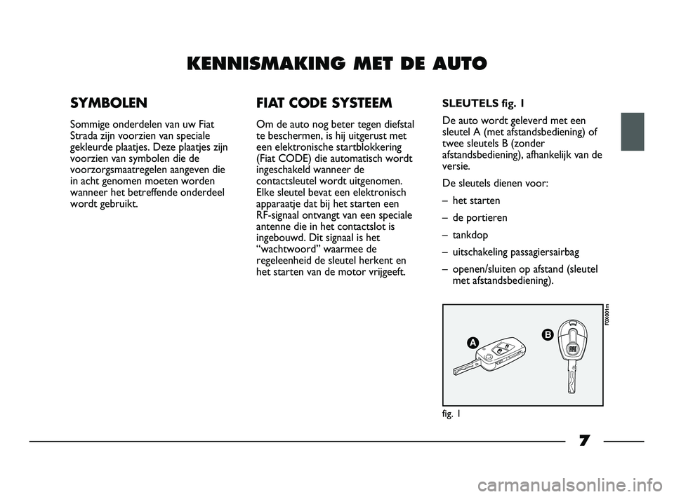 FIAT STRADA 2014 Instructieboek (in Dutch) 7
KENNISMAKING MET DE AUTO
SYMBOLEN
Sommige onderdelen van uw Fiat
Strada zijn voorzien van speciale
gekleurde plaatjes. Deze plaatjes zijn
voorzien van symbolen die de
voorzorgsmaatregelen aangeven d FIAT STRADA 2014 Instructieboek (in Dutch) 7
KENNISMAKING MET DE AUTO
SYMBOLEN
Sommige onderdelen van uw Fiat
Strada zijn voorzien van speciale
gekleurde plaatjes. Deze plaatjes zijn
voorzien van symbolen die de
voorzorgsmaatregelen aangeven d