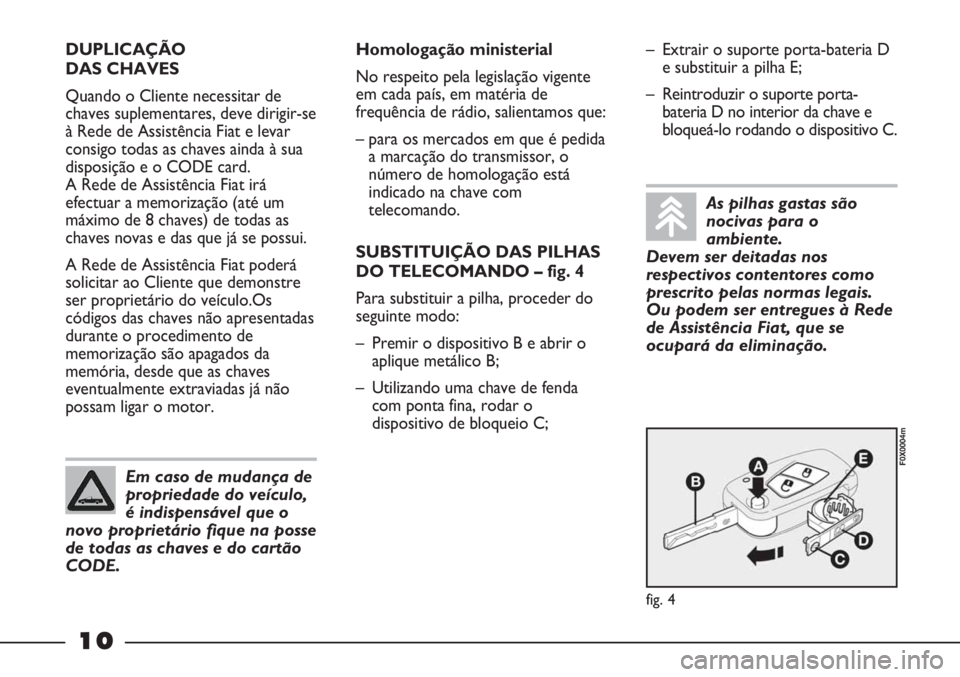 FIAT STRADA 2011  Manual de Uso e Manutenção (in Portuguese) 10
DUPLICAÇÃO 
DAS CHAVES
Quando o Cliente necessitar de
chaves suplementares, deve dirigir-se
à Rede de Assistência Fiat e levar
consigo todas as chaves ainda à sua
disposição e o CODE card. 

