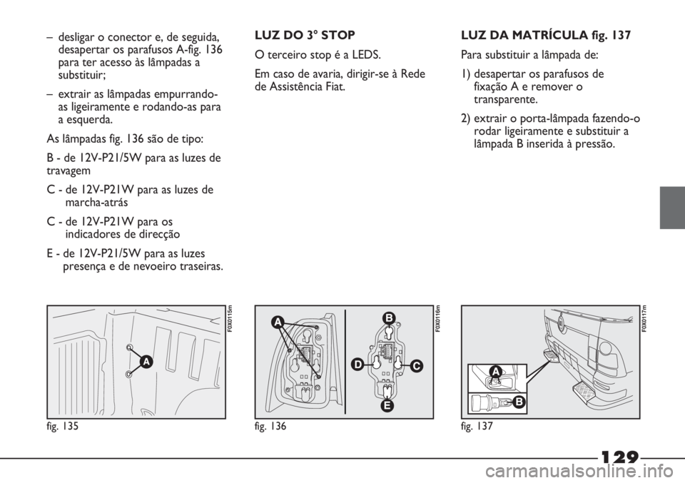 FIAT STRADA 2011  Manual de Uso e Manutenção (in Portuguese) fig. 135
F0X0115m
fig. 136
F0X0116m
fig. 137
F0X0117m
– desligar o conector e, de seguida,
desapertar os parafusos A-fig. 136
para ter acesso às lâmpadas a
substituir;
– extrair as lâmpadas emp