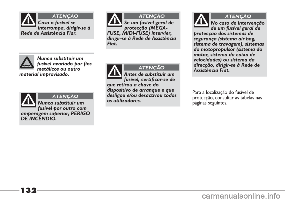 FIAT STRADA 2011  Manual de Uso e Manutenção (in Portuguese) Se um fusível geral de
protecção (MEGA-
FUSE, MIDI-FUSE) intervier,
dirigir-se à Rede de Assistência
Fiat.
ATENÇÃO
Antes de substituir um
fusível, certificar-se de
que retirou a chave do
dispo
