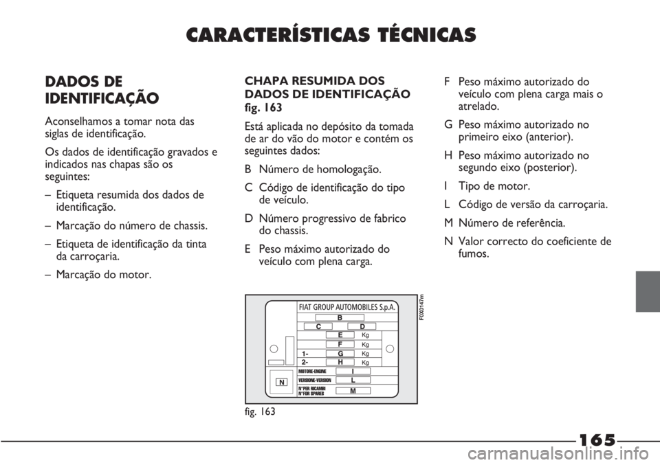 FIAT STRADA 2011 Manual de Uso e Manutenção (in Portuguese) CARACTERÍSTICAS TÉCNICAS
DADOS DE
IDENTIFICAÇÃO
Aconselhamos a tomar nota das
siglas de identificação.
Os dados de identificação gravados e
indicados nas chapas são os
seguintes:
– Etique FIAT STRADA 2011 Manual de Uso e Manutenção (in Portuguese) CARACTERÍSTICAS TÉCNICAS
DADOS DE
IDENTIFICAÇÃO
Aconselhamos a tomar nota das
siglas de identificação.
Os dados de identificação gravados e
indicados nas chapas são os
seguintes:
– Etique