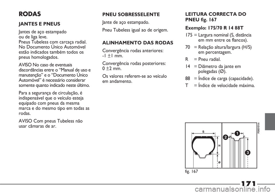FIAT STRADA 2011 Manual de Uso e Manutenção (in Portuguese) 171
RODAS
JANTES E PNEUS
Jantes de aço estampado
ou de liga leve.
Pneus Tubeless com carcaça radial.
No Documento Único Automóvel
estão indicados também todos os
pneus homologados.
AVISO No ca FIAT STRADA 2011 Manual de Uso e Manutenção (in Portuguese) 171
RODAS
JANTES E PNEUS
Jantes de aço estampado
ou de liga leve.
Pneus Tubeless com carcaça radial.
No Documento Único Automóvel
estão indicados também todos os
pneus homologados.
AVISO No ca