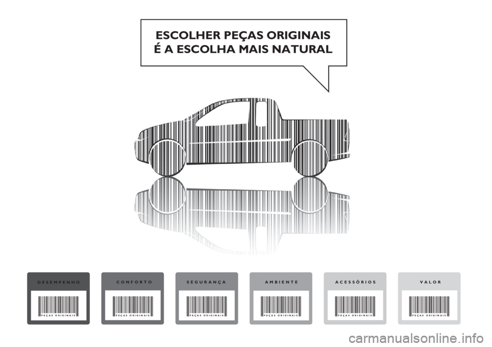 FIAT STRADA 2011  Manual de Uso e Manutenção (in Portuguese) ESCOLHER PEÇAS ORIGINAIS
É A ESCOLHA MAIS NATURAL
DESEMPENHO
PEÇAS ORIGINAIS
CONFORTO
PEÇAS ORIGINAIS
SEGURANÇA
PEÇAS ORIGINAIS
AMBIENTE
PEÇAS ORIGINAIS
VALOR
PEÇAS ORIGINAIS
ACESSÓRIOS
PEÇA