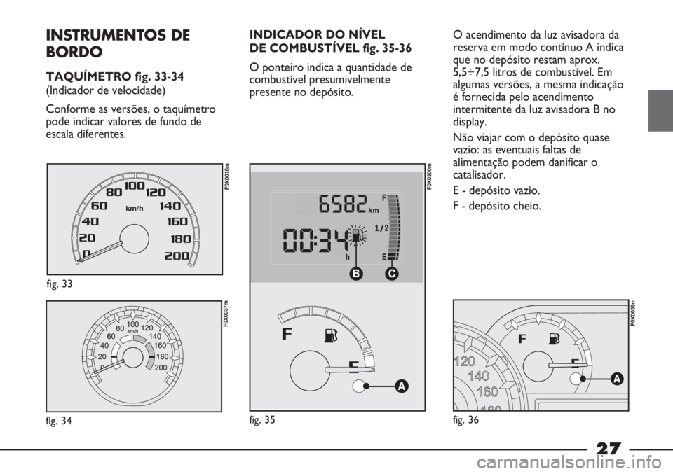 FIAT STRADA 2011 Manual de Uso e Manutenção (in Portuguese) 27
INSTRUMENTOS DE
BORDO
TAQUÍMETRO fig. 33-34
(Indicador de velocidade)
Conforme as versões, o taquímetro
pode indicar valores de fundo de
escala diferentes.
fig. 34
F0X0037m
fig. 33
F0X0018m
INDI FIAT STRADA 2011 Manual de Uso e Manutenção (in Portuguese) 27
INSTRUMENTOS DE
BORDO
TAQUÍMETRO fig. 33-34
(Indicador de velocidade)
Conforme as versões, o taquímetro
pode indicar valores de fundo de
escala diferentes.
fig. 34
F0X0037m
fig. 33
F0X0018m
INDI