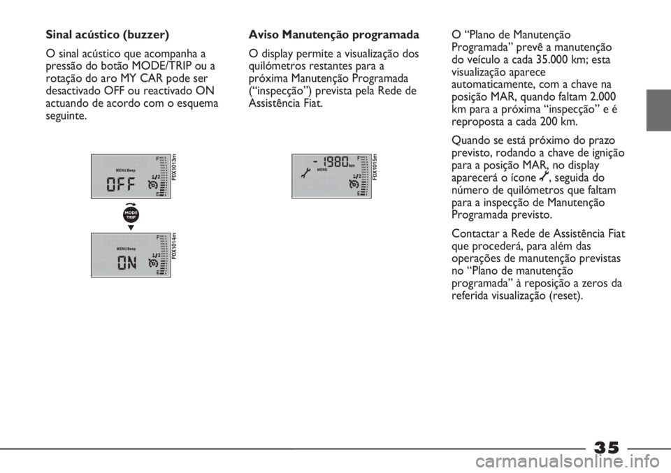 FIAT STRADA 2011 Manual de Uso e Manutenção (in Portuguese) 35
Sinal acústico (buzzer)
O sinal acústico que acompanha a
pressão do botão MODE/TRIP ou a
rotação do aro MY CAR pode ser
desactivado OFF ou reactivado ON
actuando de acordo com o esquema
segui FIAT STRADA 2011 Manual de Uso e Manutenção (in Portuguese) 35
Sinal acústico (buzzer)
O sinal acústico que acompanha a
pressão do botão MODE/TRIP ou a
rotação do aro MY CAR pode ser
desactivado OFF ou reactivado ON
actuando de acordo com o esquema
segui