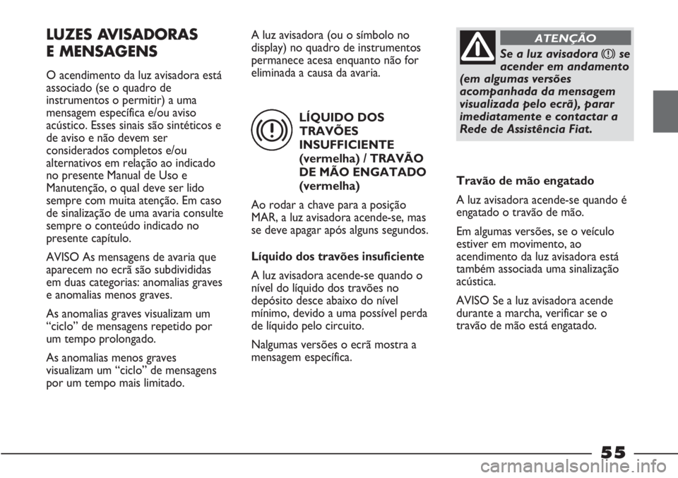 FIAT STRADA 2011 Manual de Uso e Manutenção (in Portuguese) LÍQUIDO DOS
TRAVÕES
INSUFFICIENTE
(vermelha) / TRAVÃO
DE MÃO ENGATADO
(vermelha)
Ao rodar a chave para a posição
MAR, a luz avisadora acende-se, mas
se deve apagar após alguns segundos.
Líquid FIAT STRADA 2011 Manual de Uso e Manutenção (in Portuguese) LÍQUIDO DOS
TRAVÕES
INSUFFICIENTE
(vermelha) / TRAVÃO
DE MÃO ENGATADO
(vermelha)
Ao rodar a chave para a posição
MAR, a luz avisadora acende-se, mas
se deve apagar após alguns segundos.
Líquid