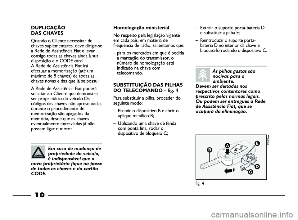 FIAT STRADA 2015 Manual de Uso e Manutenção (in Portuguese) 10
DUPLICAÇÃO
DAS CHAVES
Quando o Cliente necessitar de
chaves suplementares, deve dirigir-se
à Rede de Assistência Fiat e levar
consigo todas as chaves ainda à sua
disposição e o CODE card.
FIAT STRADA 2015 Manual de Uso e Manutenção (in Portuguese) 10
DUPLICAÇÃO
DAS CHAVES
Quando o Cliente necessitar de
chaves suplementares, deve dirigir-se
à Rede de Assistência Fiat e levar
consigo todas as chaves ainda à sua
disposição e o CODE card.
