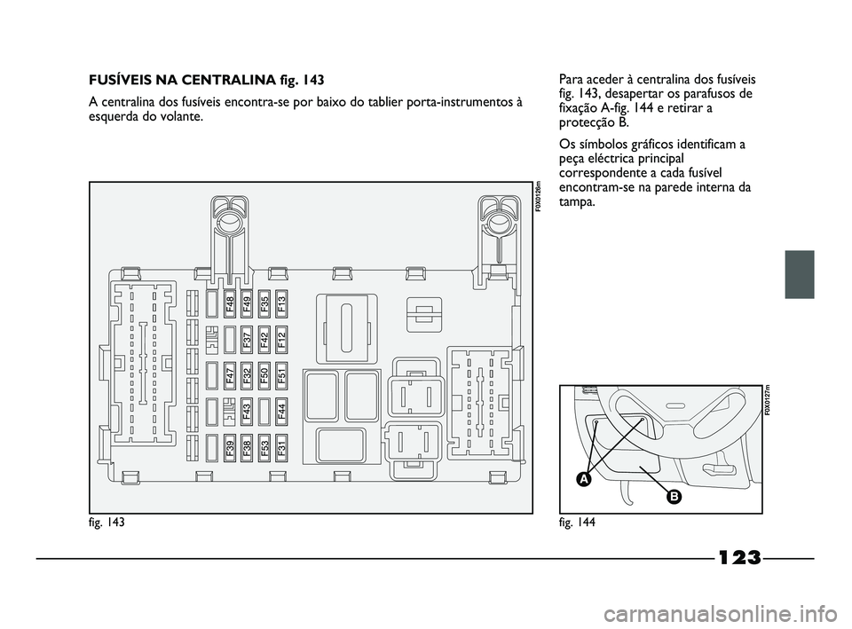FIAT STRADA 2015  Manual de Uso e Manutenção (in Portuguese) Para aceder à centralina dos fusíveis
fig. 143, desapertar os parafusos de
fixação A-fig. 144 e retirar a
protecção B. 
Os símbolos gráficos identificam a
peça eléctrica principal
correspond