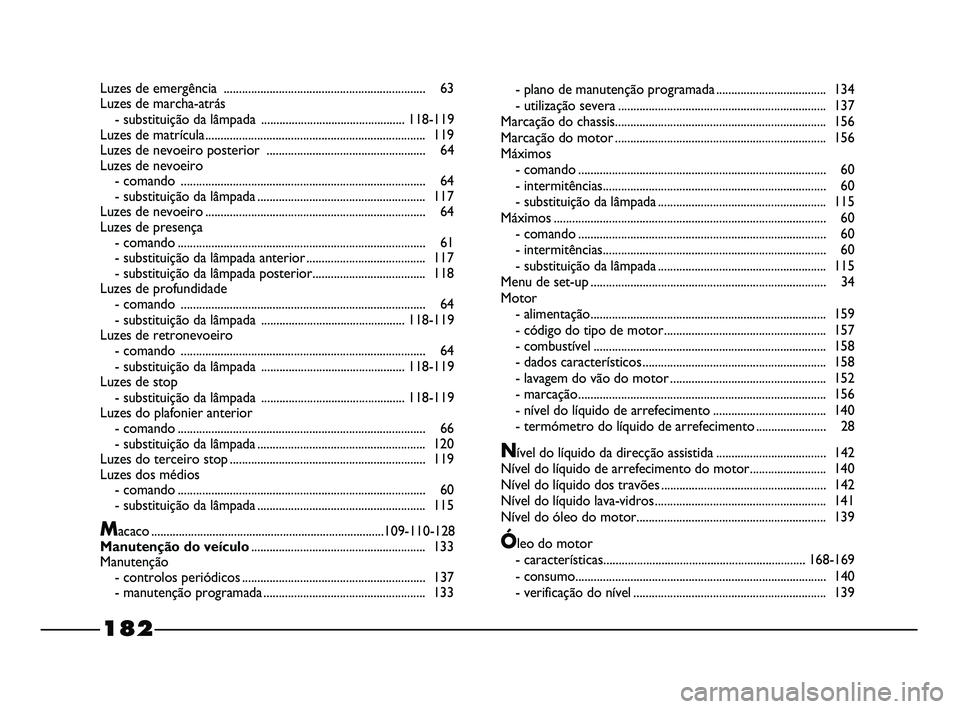 FIAT STRADA 2015 Manual de Uso e Manutenção (in Portuguese) Luzes de emergência .................................................................. 63
Luzes de marcha-atrás
- substituição da lâmpada ...............................................118-119
Lu FIAT STRADA 2015 Manual de Uso e Manutenção (in Portuguese) Luzes de emergência .................................................................. 63
Luzes de marcha-atrás
- substituição da lâmpada ...............................................118-119
Lu