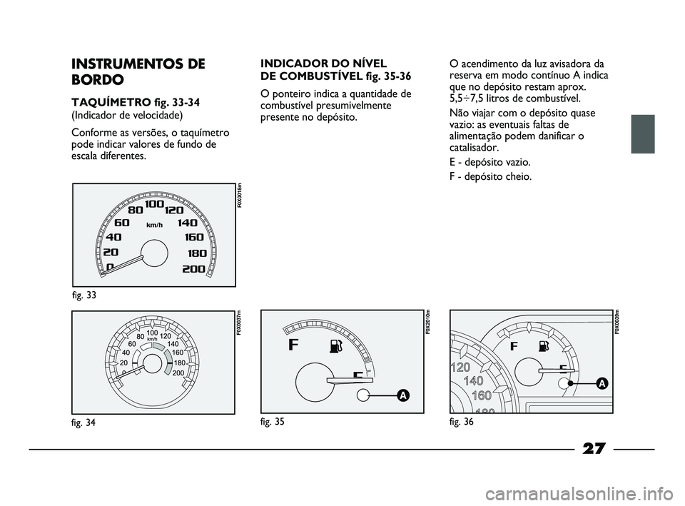 FIAT STRADA 2015  Manual de Uso e Manutenção (in Portuguese) 27
INSTRUMENTOS DE
BORDO
TAQUÍMETRO fig. 33-34
(Indicador de velocidade)
Conforme as versões, o taquímetro
pode indicar valores de fundo de
escala diferentes.
fig. 34
F0X0037m
fig. 33
F0X0018m
INDI