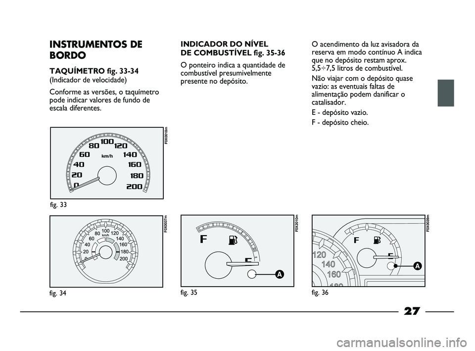 FIAT STRADA 2015 Manual de Uso e Manutenção (in Portuguese) 27
INSTRUMENTOS DE
BORDO
TAQUÍMETRO fig. 33-34
(Indicador de velocidade)
Conforme as versões, o taquímetro
pode indicar valores de fundo de
escala diferentes.
fig. 34
F0X0037m
fig. 33
F0X0018m
INDI FIAT STRADA 2015 Manual de Uso e Manutenção (in Portuguese) 27
INSTRUMENTOS DE
BORDO
TAQUÍMETRO fig. 33-34
(Indicador de velocidade)
Conforme as versões, o taquímetro
pode indicar valores de fundo de
escala diferentes.
fig. 34
F0X0037m
fig. 33
F0X0018m
INDI