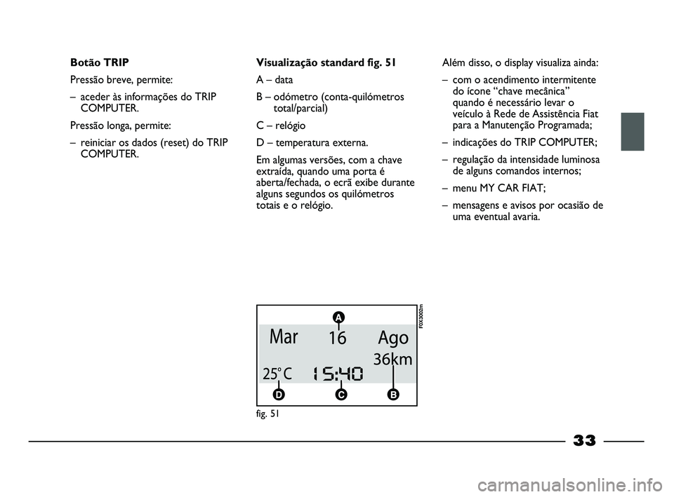 FIAT STRADA 2015 Manual de Uso e Manutenção (in Portuguese) 33
Botão TRIP
Pressão breve, permite:
– aceder às informações do TRIP
COMPUTER.
Pressão longa, permite:
– reiniciar os dados (reset) do TRIP
COMPUTER.Visualização standard fig. 51
A – da FIAT STRADA 2015 Manual de Uso e Manutenção (in Portuguese) 33
Botão TRIP
Pressão breve, permite:
– aceder às informações do TRIP
COMPUTER.
Pressão longa, permite:
– reiniciar os dados (reset) do TRIP
COMPUTER.Visualização standard fig. 51
A – da
